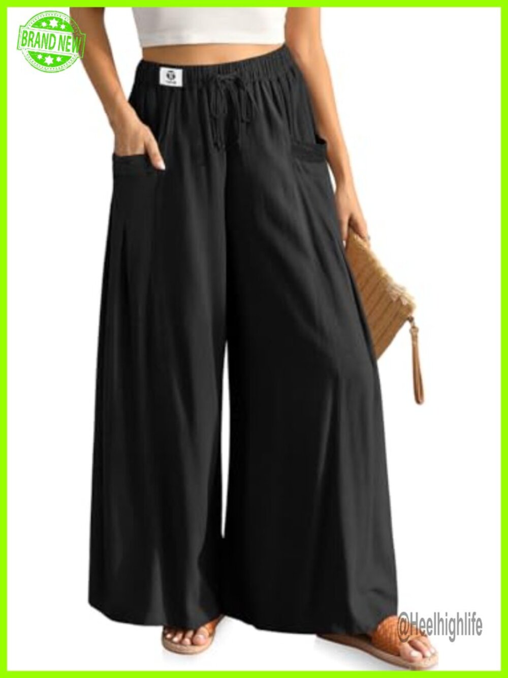 Womens Linen Wide Leg Palazzo Pants Drawstring Flowy Beach Lounge Trousers